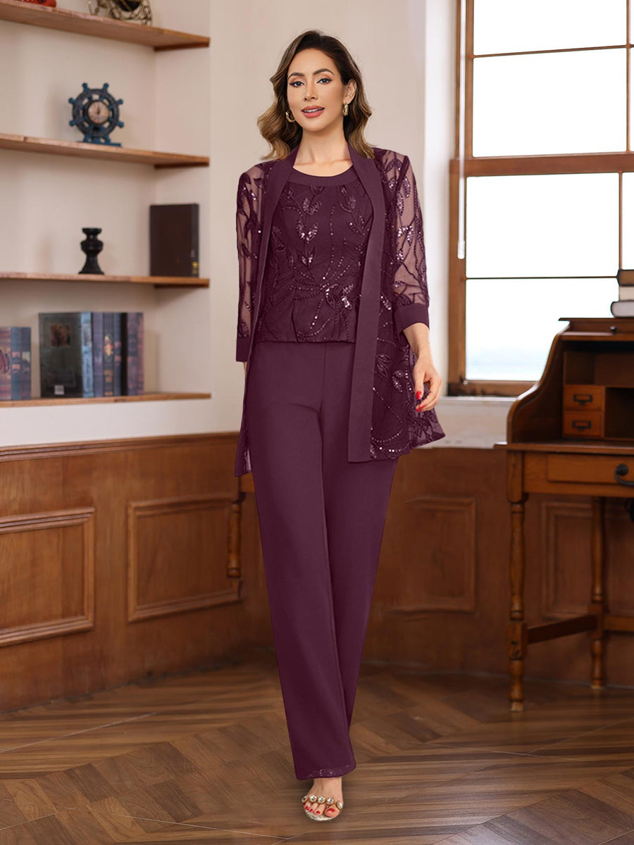 3 Piece Floor Length Chiffon Sequin Pantsuit for Mother of the Bride