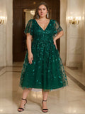 Plus Size V Neck A Line Tea Length Mother Of The Bride Dress With Sequins