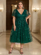 Plus Size V Neck A Line Tea Length Mother Of The Bride Dress With Sequins