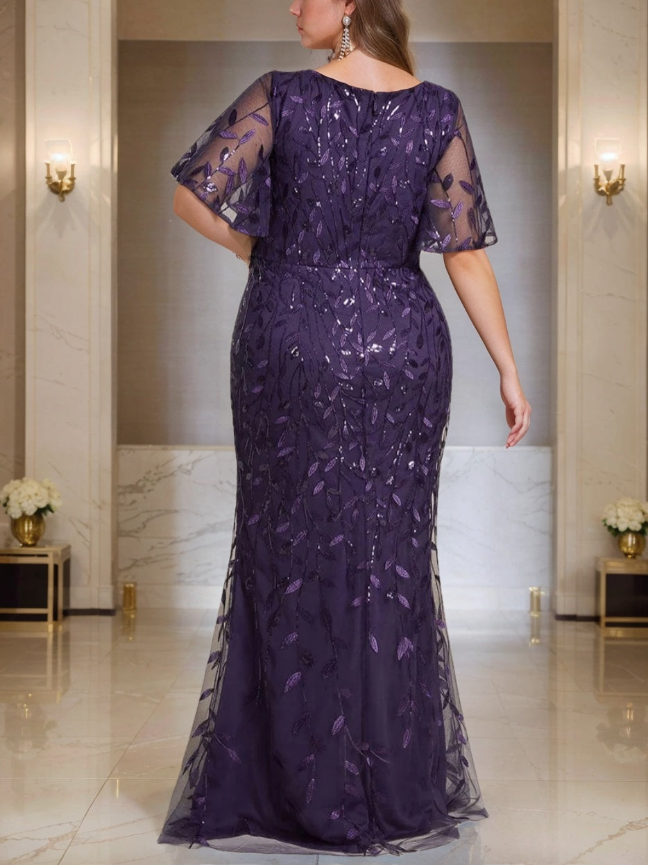 V Neck Short Sleeve Plus Size Floor Length Sequins Sheath Dress Mother Of Bride