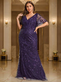 V Neck Short Sleeve Plus Size Floor Length Sequins Sheath Dress Mother Of Bride