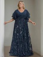 Plus Size V-Neck A-Line Floor-Length Mother Of The Bride Dress With Sequins