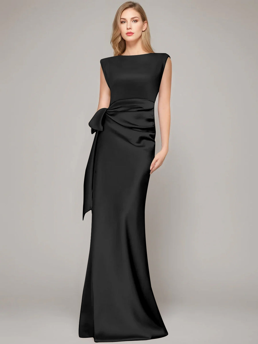 Floor Length Sleeveless Mother Of The Bride Dress With Bow And Shoulder Pad