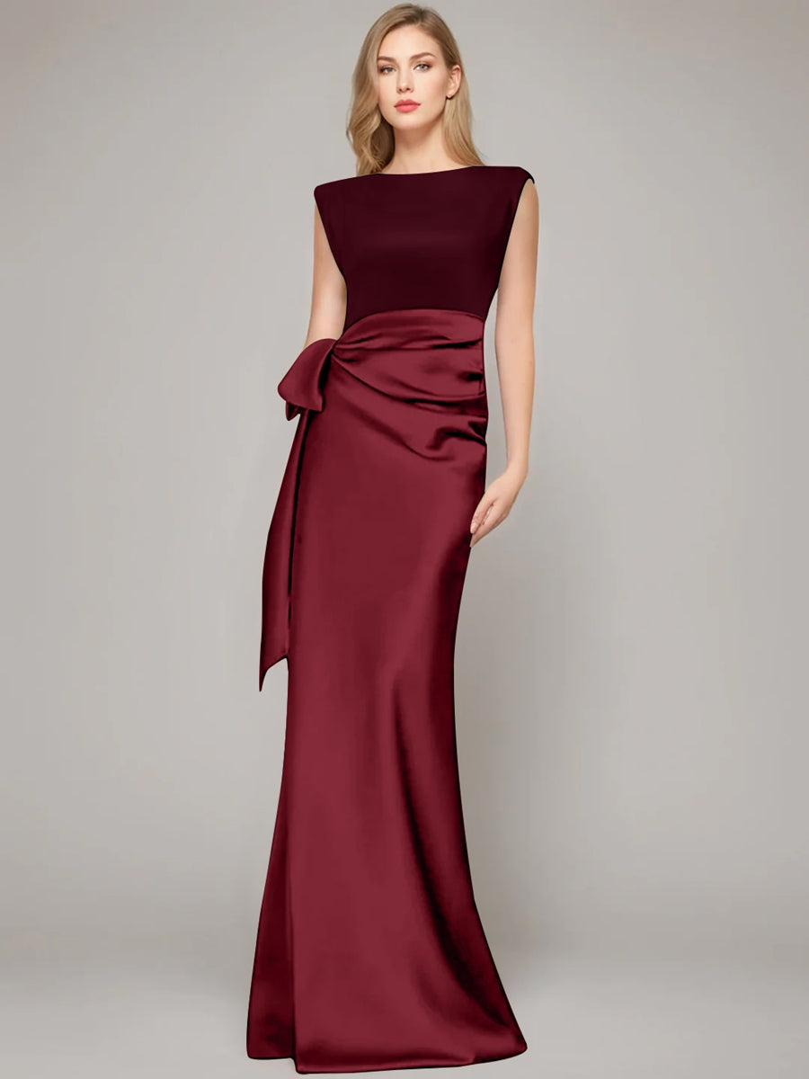 Floor Length Sleeveless Mother Of The Bride Dress With Bow And Shoulder Pad
