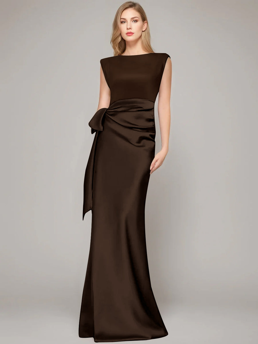 Floor Length Sleeveless Mother Of The Bride Dress With Bow And Shoulder Pad