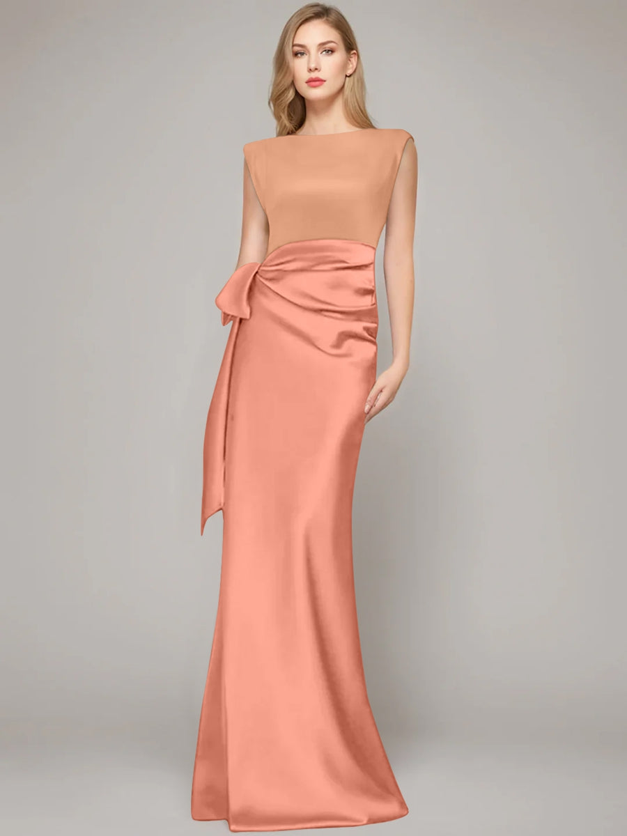 Floor Length Sleeveless Mother Of The Bride Dress With Bow And Shoulder Pad