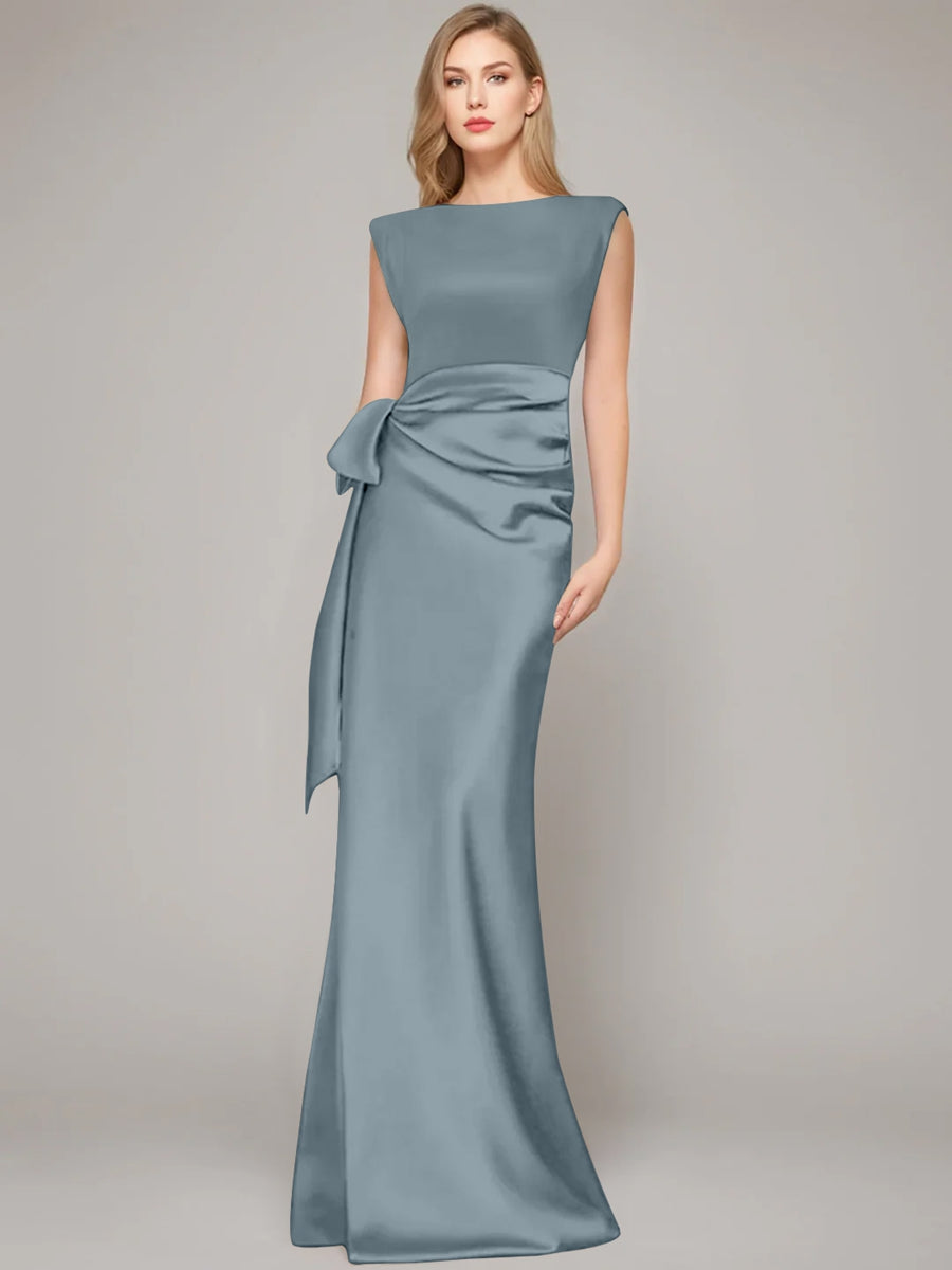 Floor Length Sleeveless Mother Of The Bride Dress With Bow And Shoulder Pad