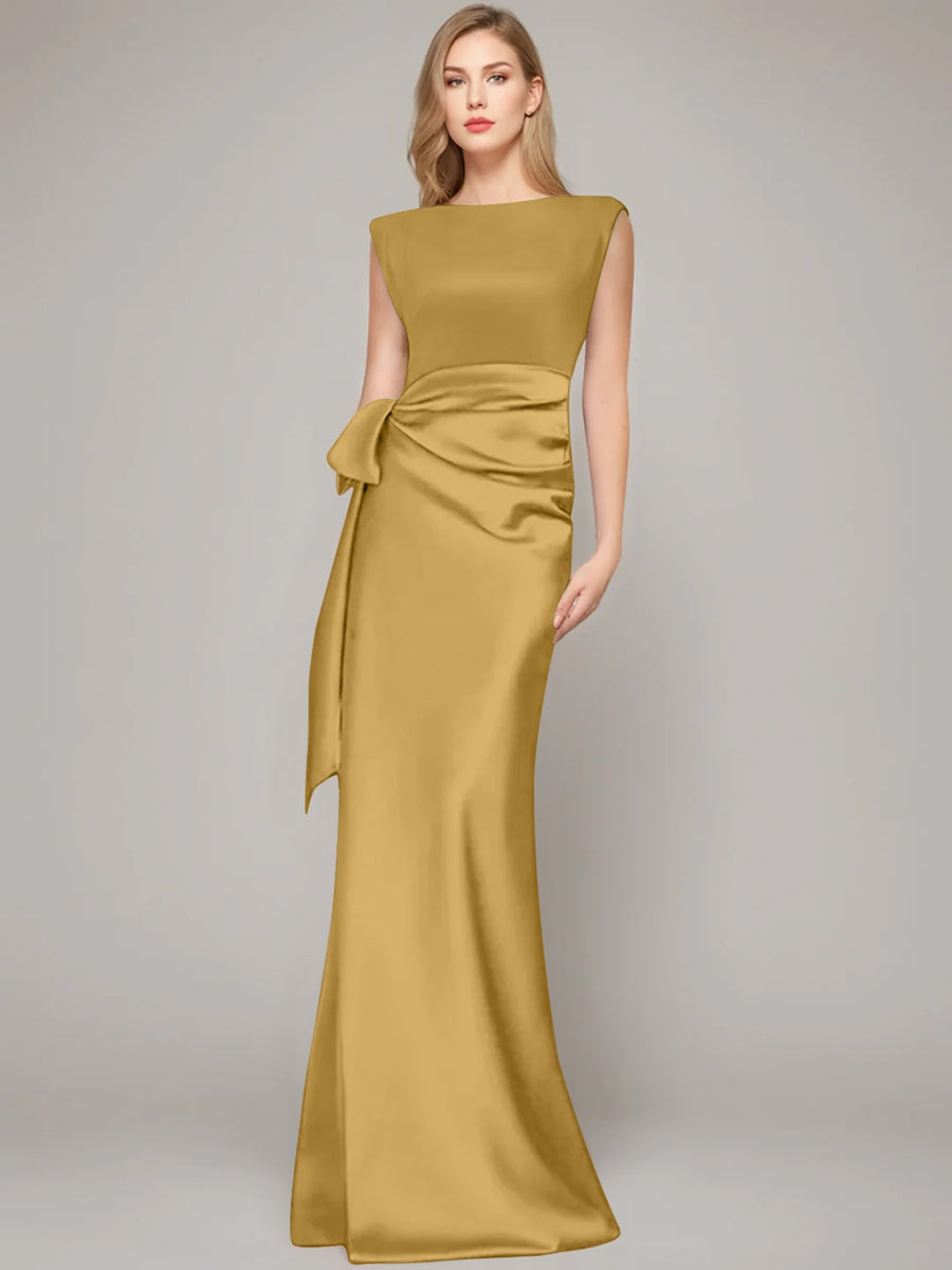 Floor Length Sleeveless Mother Of The Bride Dress With Bow And Shoulder Pad