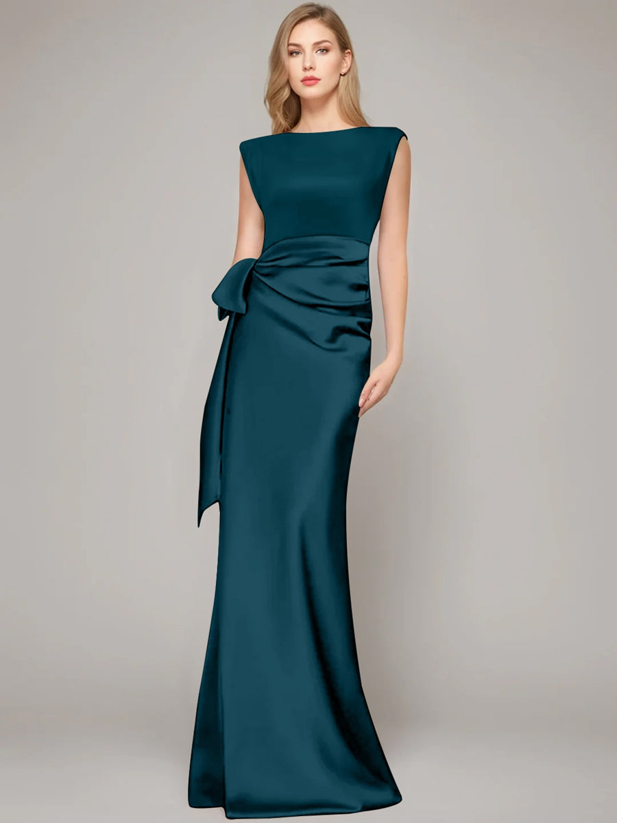 Floor Length Sleeveless Mother Of The Bride Dress With Bow And Shoulder Pad