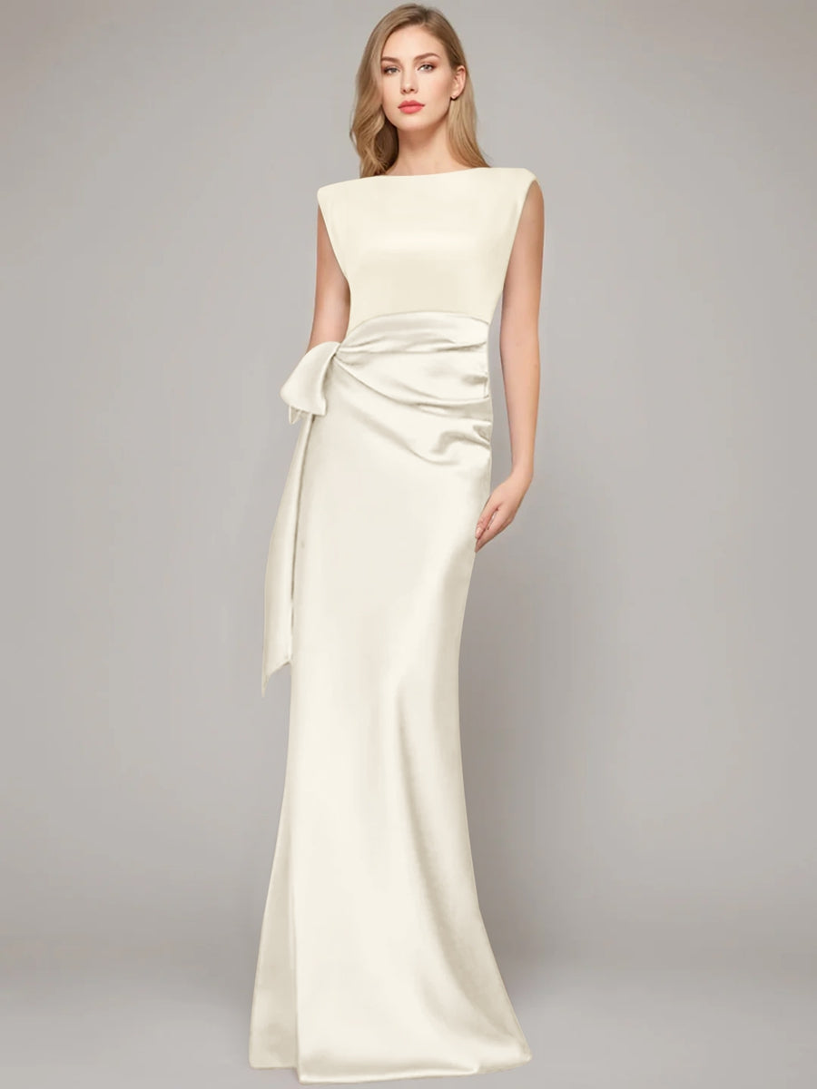 Floor Length Sleeveless Mother Of The Bride Dress With Bow And Shoulder Pad