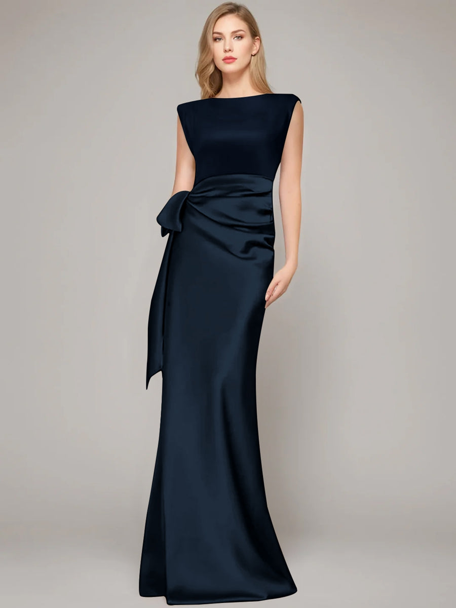 Floor Length Sleeveless Mother Of The Bride Dress With Bow And Shoulder Pad