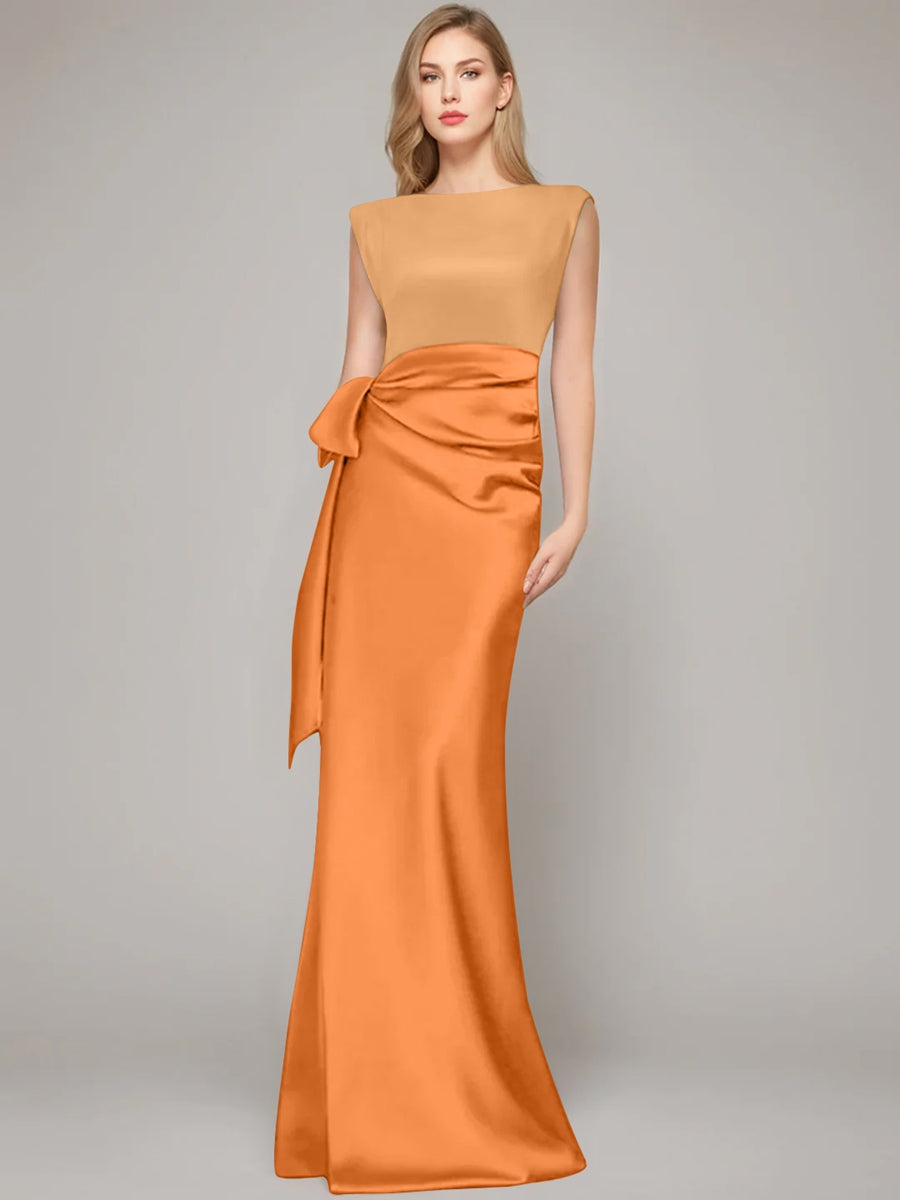Floor Length Sleeveless Mother Of The Bride Dress With Bow And Shoulder Pad