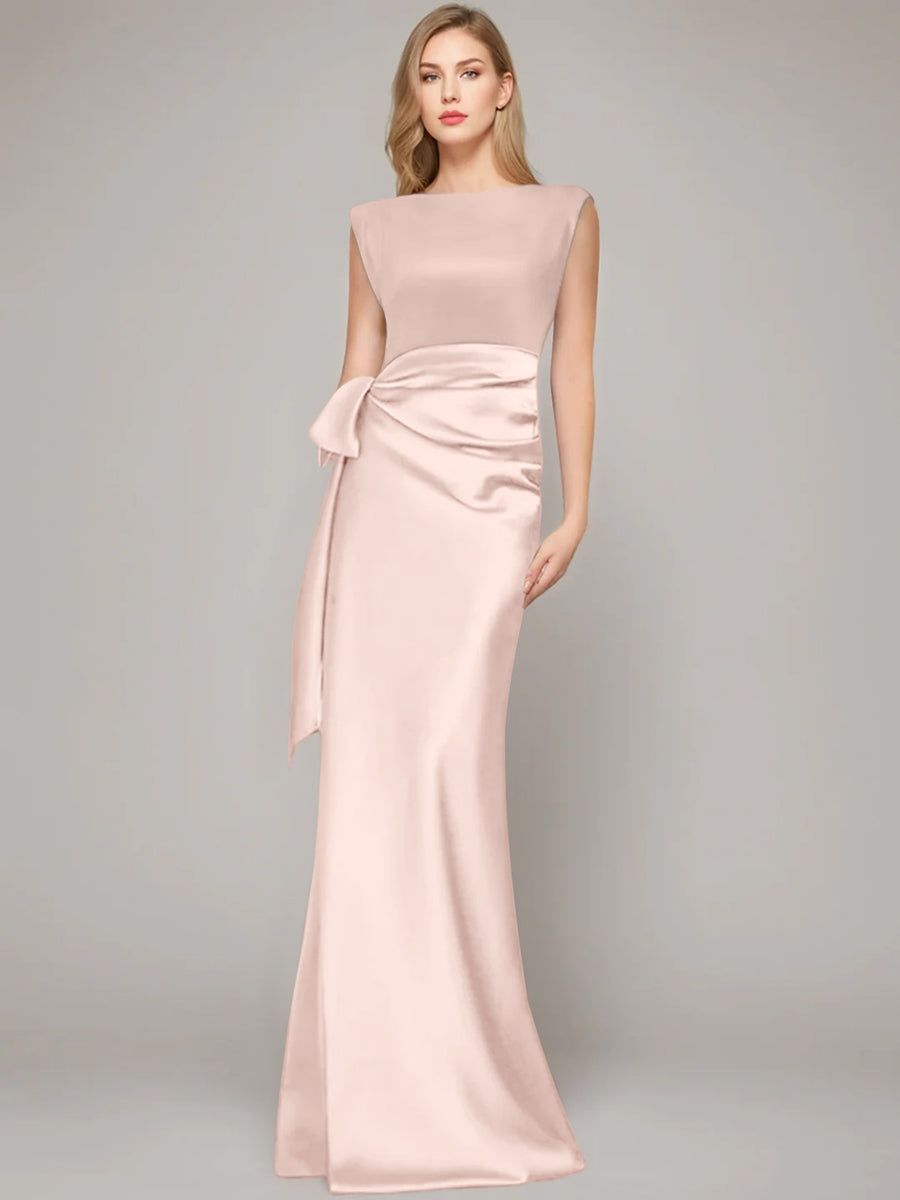 Floor Length Sleeveless Mother Of The Bride Dress With Bow And Shoulder Pad
