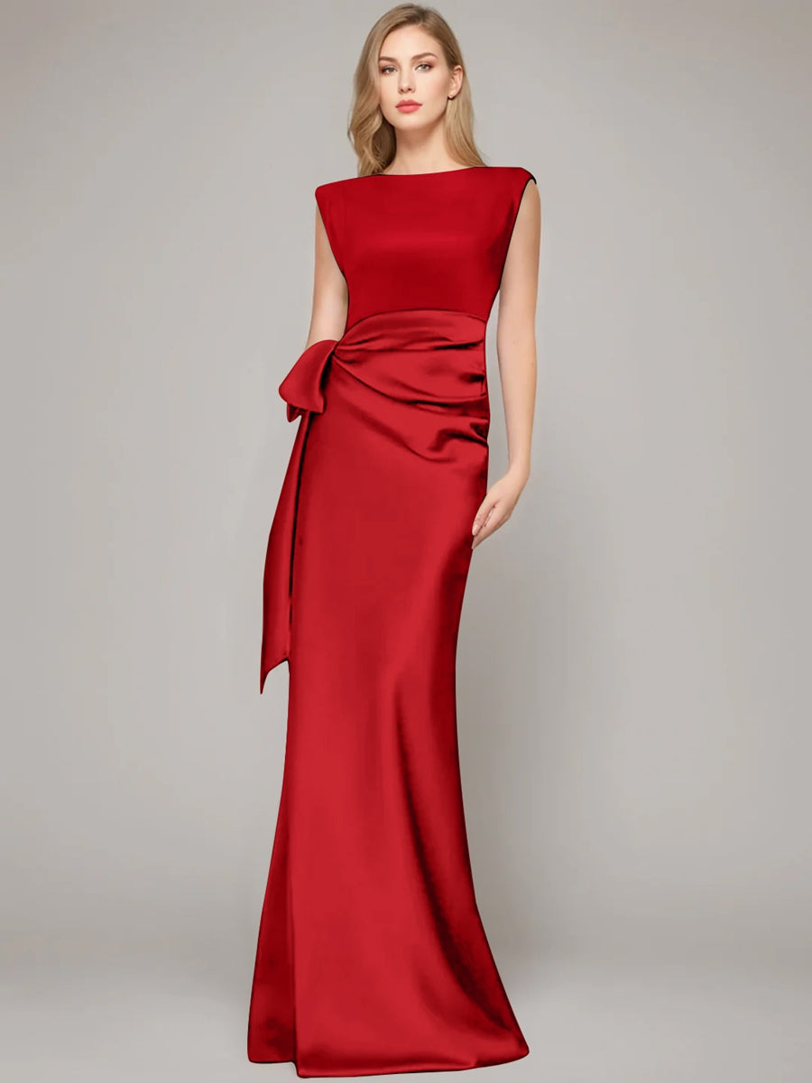 Floor Length Sleeveless Mother Of The Bride Dress With Bow And Shoulder Pad