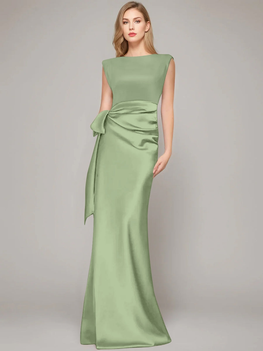 Floor Length Sleeveless Mother Of The Bride Dress With Bow And Shoulder Pad