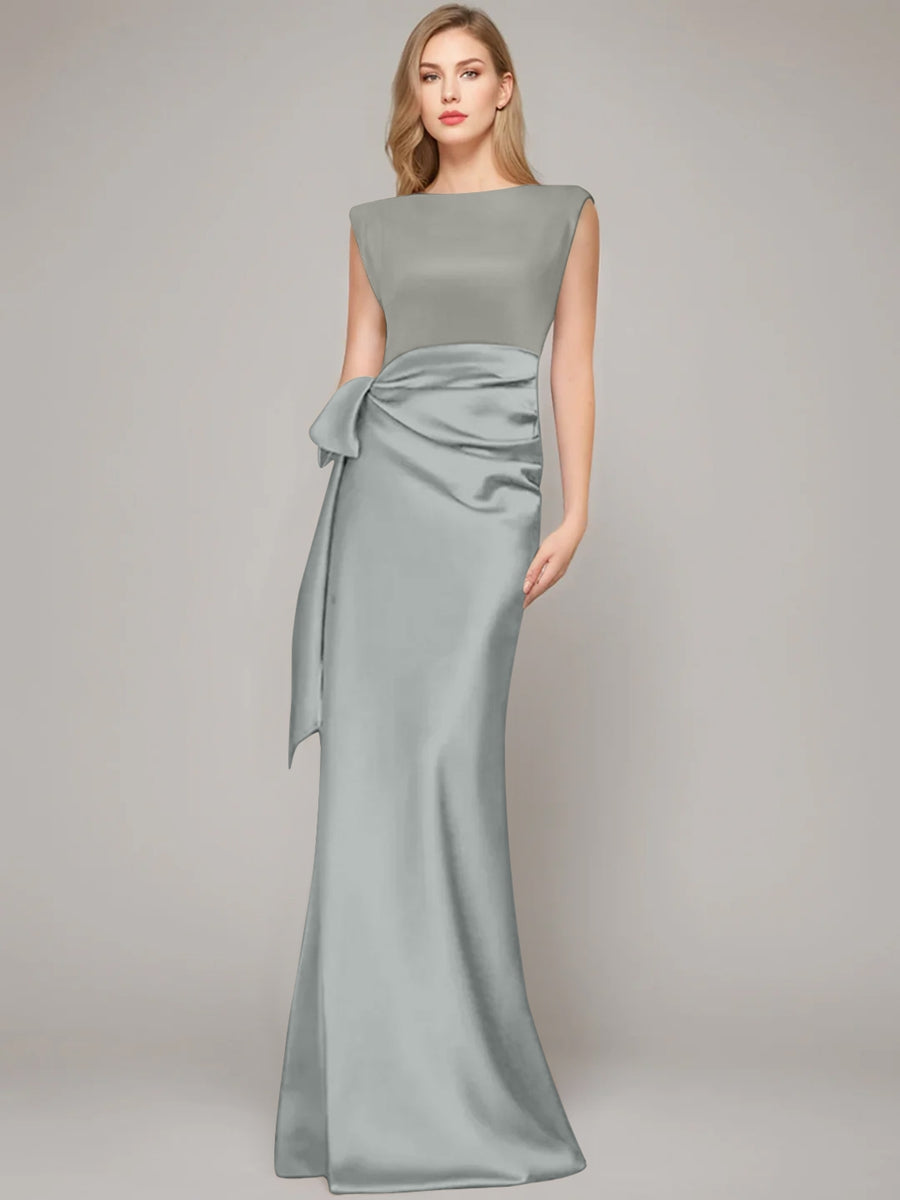 Floor Length Sleeveless Mother Of The Bride Dress With Bow And Shoulder Pad