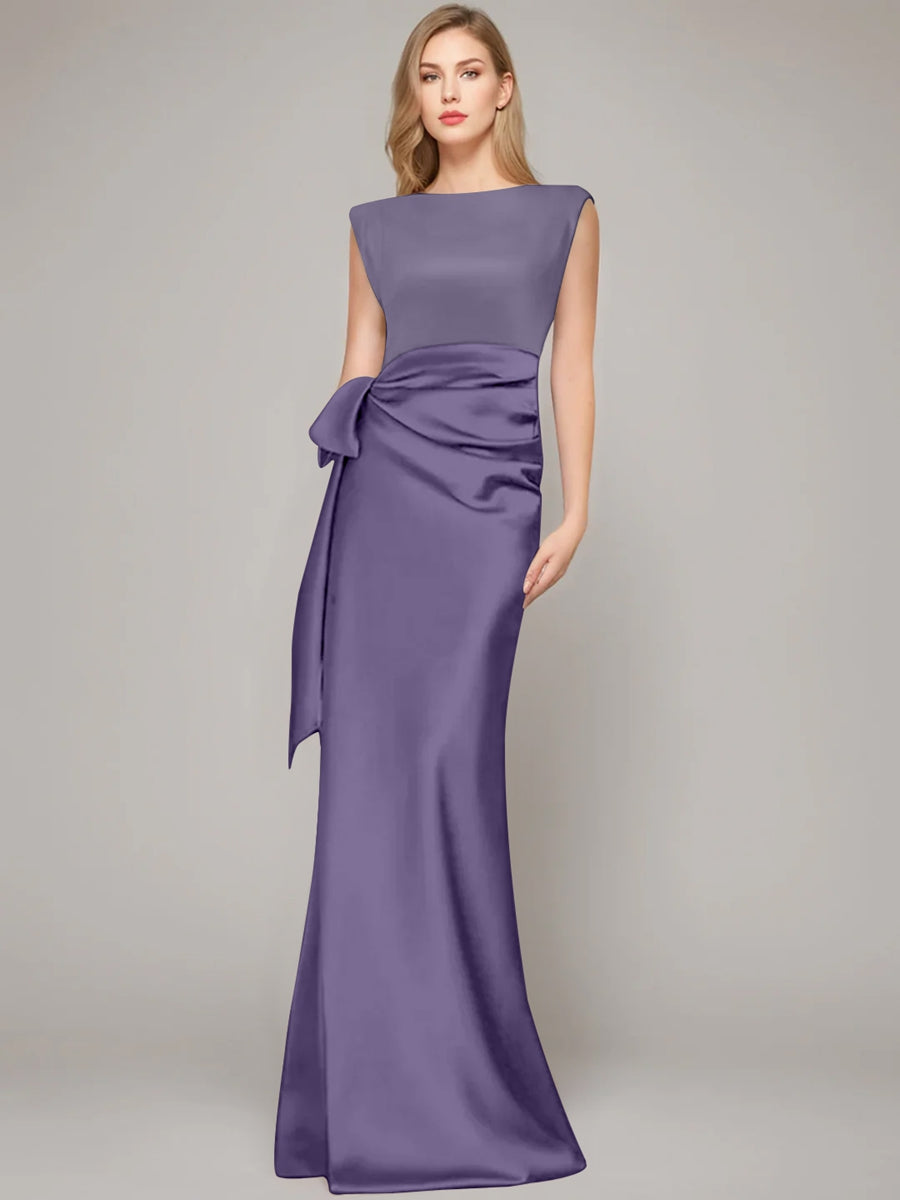 Floor Length Sleeveless Mother Of The Bride Dress With Bow And Shoulder Pad
