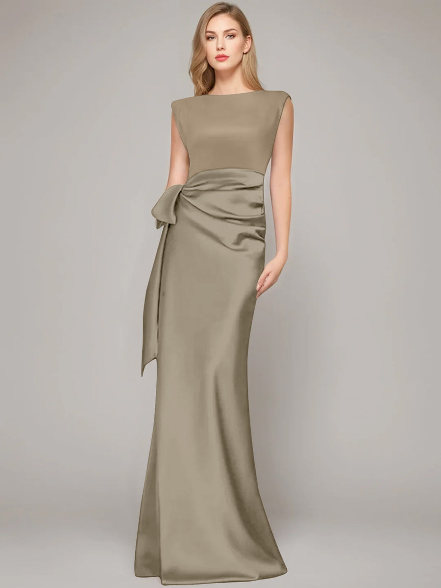 Floor Length Sleeveless Mother Of The Bride Dress With Bow And Shoulder Pad