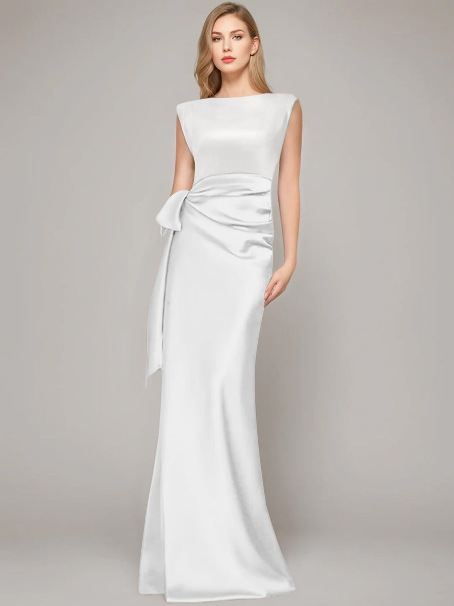 Floor Length Sleeveless Mother Of The Bride Dress With Bow And Shoulder Pad