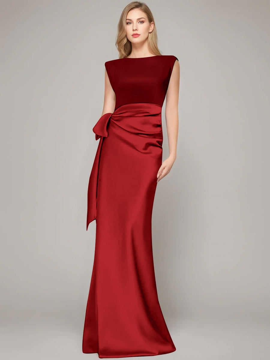Floor Length Sleeveless Mother Of The Bride Dress With Bow And Shoulder Pad
