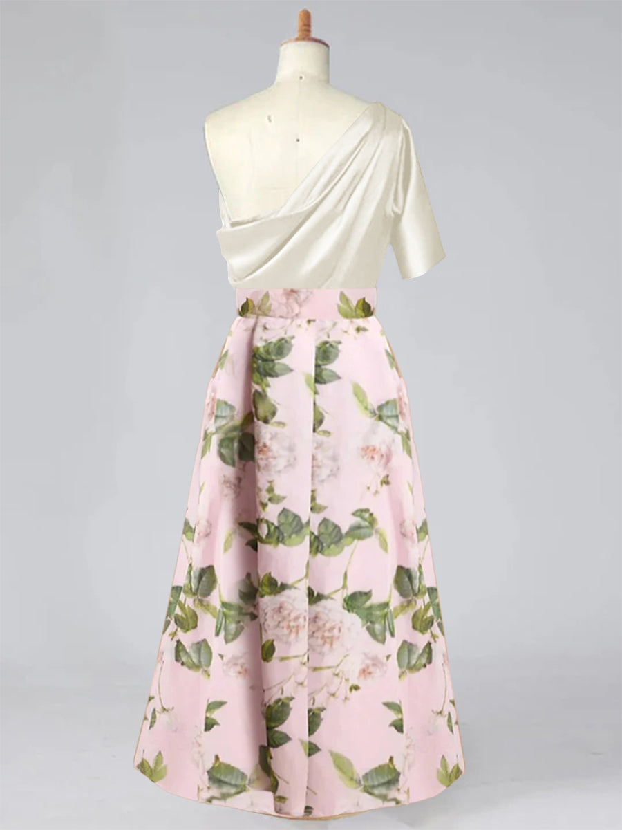 Plus Size Printed Flower Mother Of The Bride Dress One Shoulder Bow Belt A Line