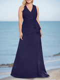 Plus Size V Neck Floor Length Trumpet Dress For Mother Of The Bride With Ruffles