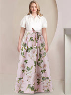 Plus Size Floral Short Sleeve Mother Of The Bride Dress With Bow Belt