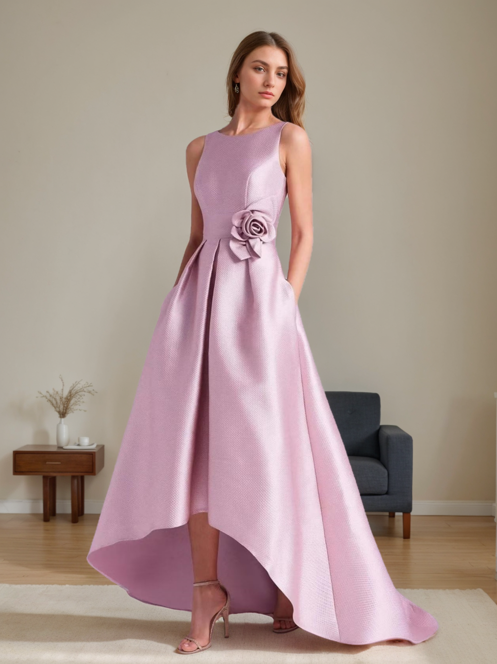 Sleeveless A-Line Dress With Floral Details For Mother Of The Bride And Groom