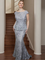 Plus Size Mother Of Bride Dress Scoop Neck Floor Length Appliques Short Sleeves