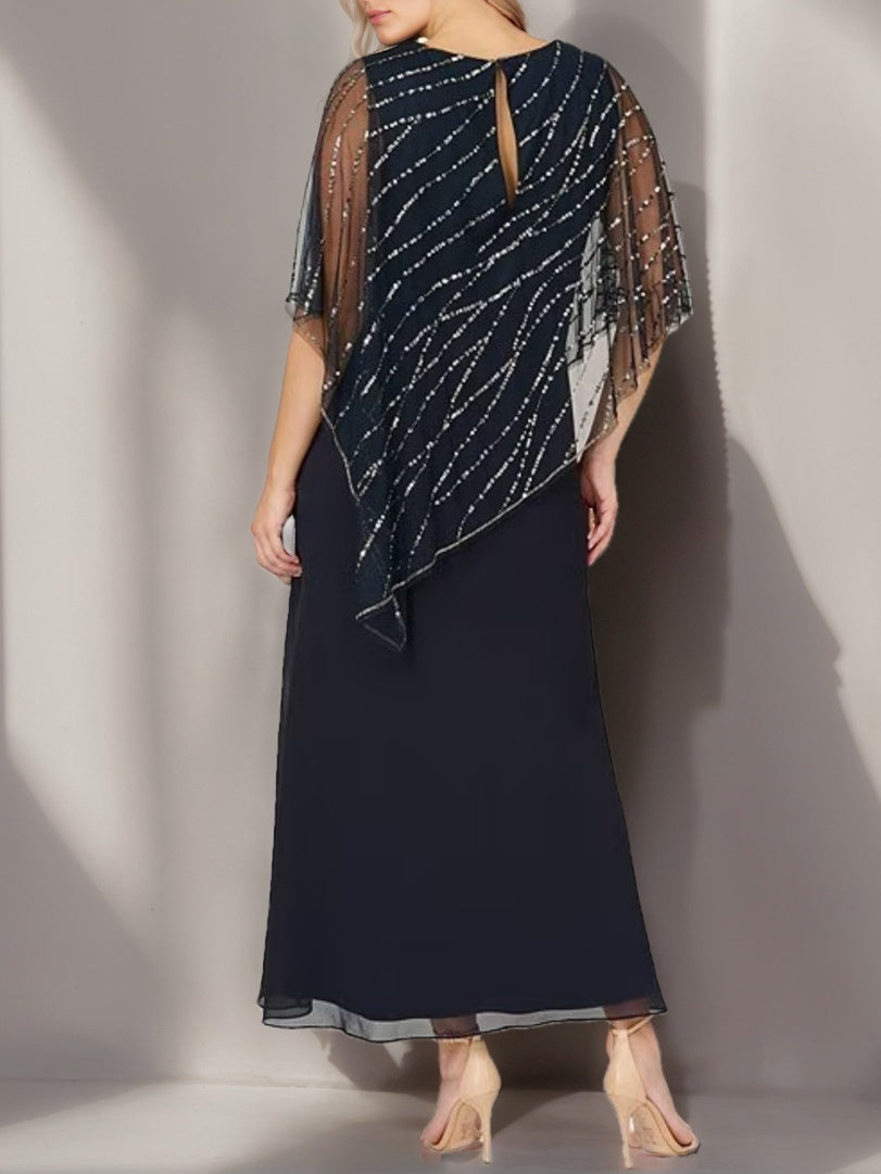 Plus Size V Neck A Line Ankle Length Dress For Mother Of The Bride With Cape