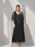 Plus Size V Neck A Line Ankle Length Dress For Mother Of The Bride With Cape