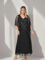 Plus Size V Neck A Line Ankle Length Dress For Mother Of The Bride With Cape