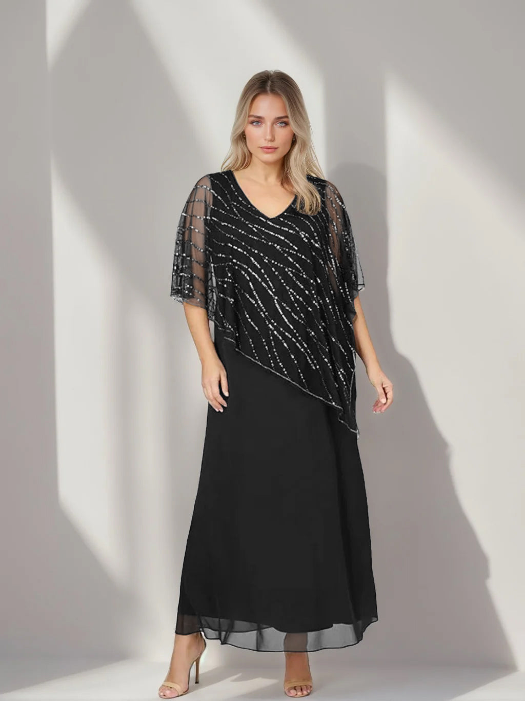 Plus Size V Neck A Line Ankle Length Dress For Mother Of The Bride With Cape