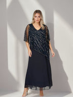 Plus Size V Neck A Line Ankle Length Dress For Mother Of The Bride With Cape