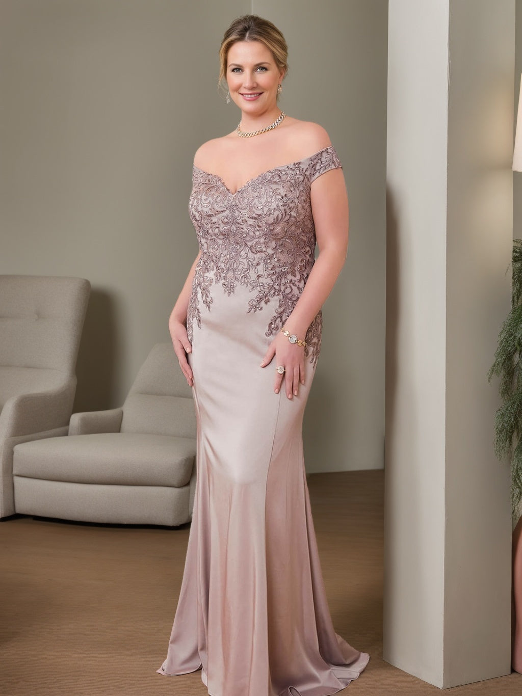 Plus Size Off Shoulder Beaded Trumpet Mermaid Mother Of The Bride Gown Floor Length