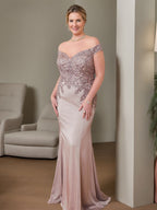 Plus Size Off Shoulder Beaded Trumpet Mermaid Mother Of The Bride Gown Floor Length