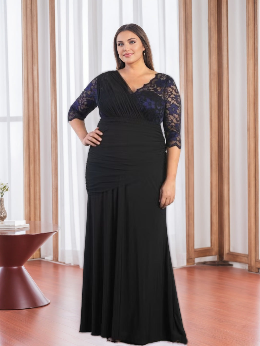 Plus Size V Neck Floor Length Mother Of The Bride Sheath Dress With Appliques