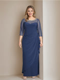 Plus Size Mother of the Bride Dress with Ruffles and 3/4 Sleeves Ankle Length