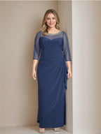 Plus Size Mother of the Bride Dress with Ruffles and 3/4 Sleeves Ankle Length