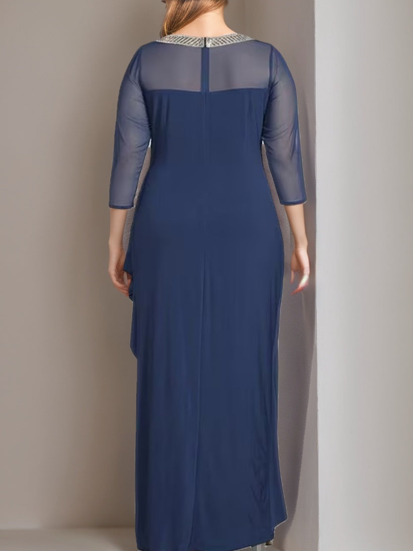 Plus Size Mother of the Bride Dress with Ruffles and 3/4 Sleeves Ankle Length