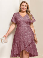 V-Neck A-Line Plus Size Mother Of The Bride Dress With Sequins And Ruffles