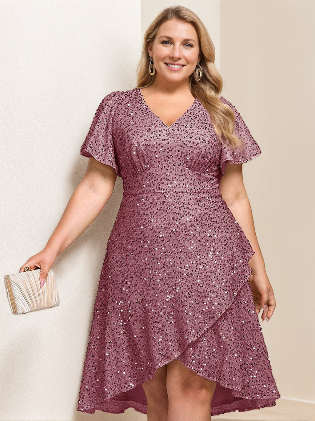 V-Neck A-Line Plus Size Mother Of The Bride Dress With Sequins And Ruffles