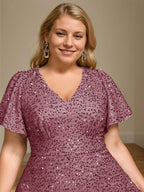 V-Neck A-Line Plus Size Mother Of The Bride Dress With Sequins And Ruffles