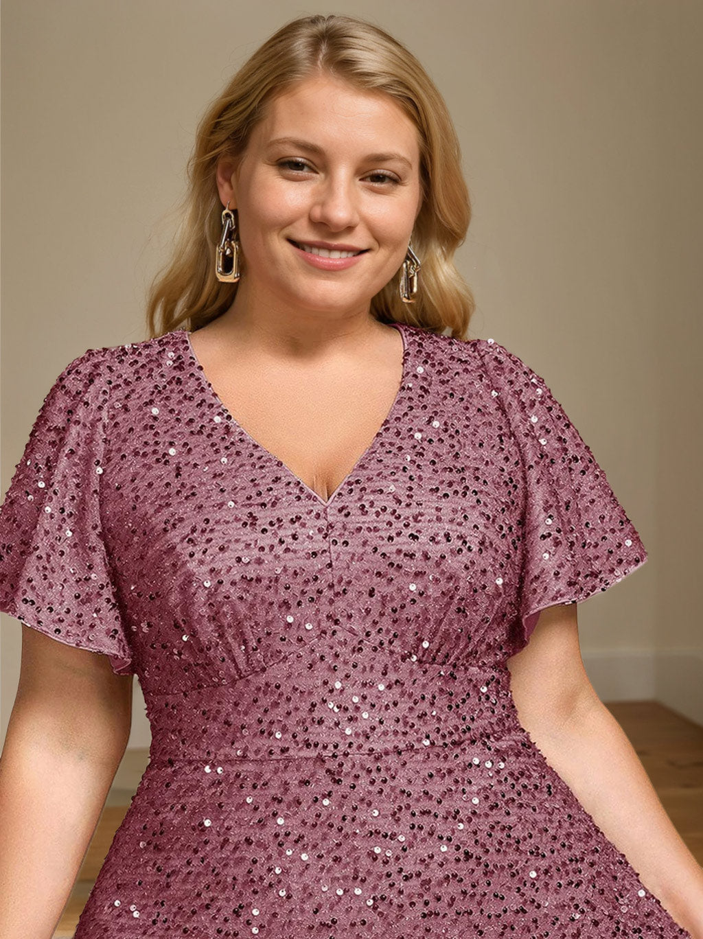 V-Neck A-Line Plus Size Mother Of The Bride Dress With Sequins And Ruffles