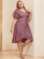 V-Neck A-Line Plus Size Mother Of The Bride Dress With Sequins And Ruffles