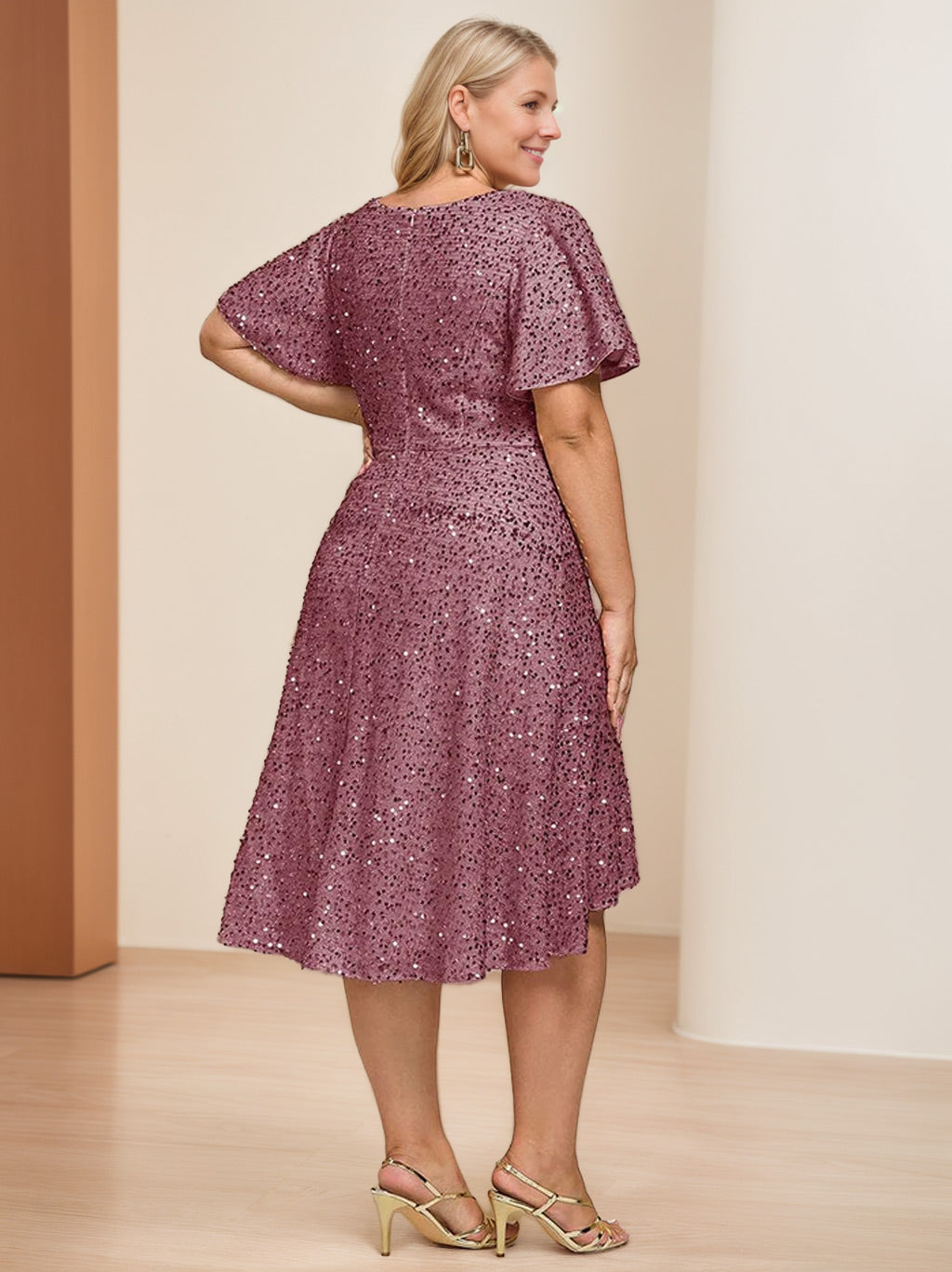 V-Neck A-Line Plus Size Mother Of The Bride Dress With Sequins And Ruffles