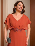 Plus Size V Neck A Line Mother Of The Bride Dress With Short Sleeves Appliques
