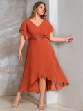 Plus Size V Neck A Line Mother Of The Bride Dress With Short Sleeves Appliques