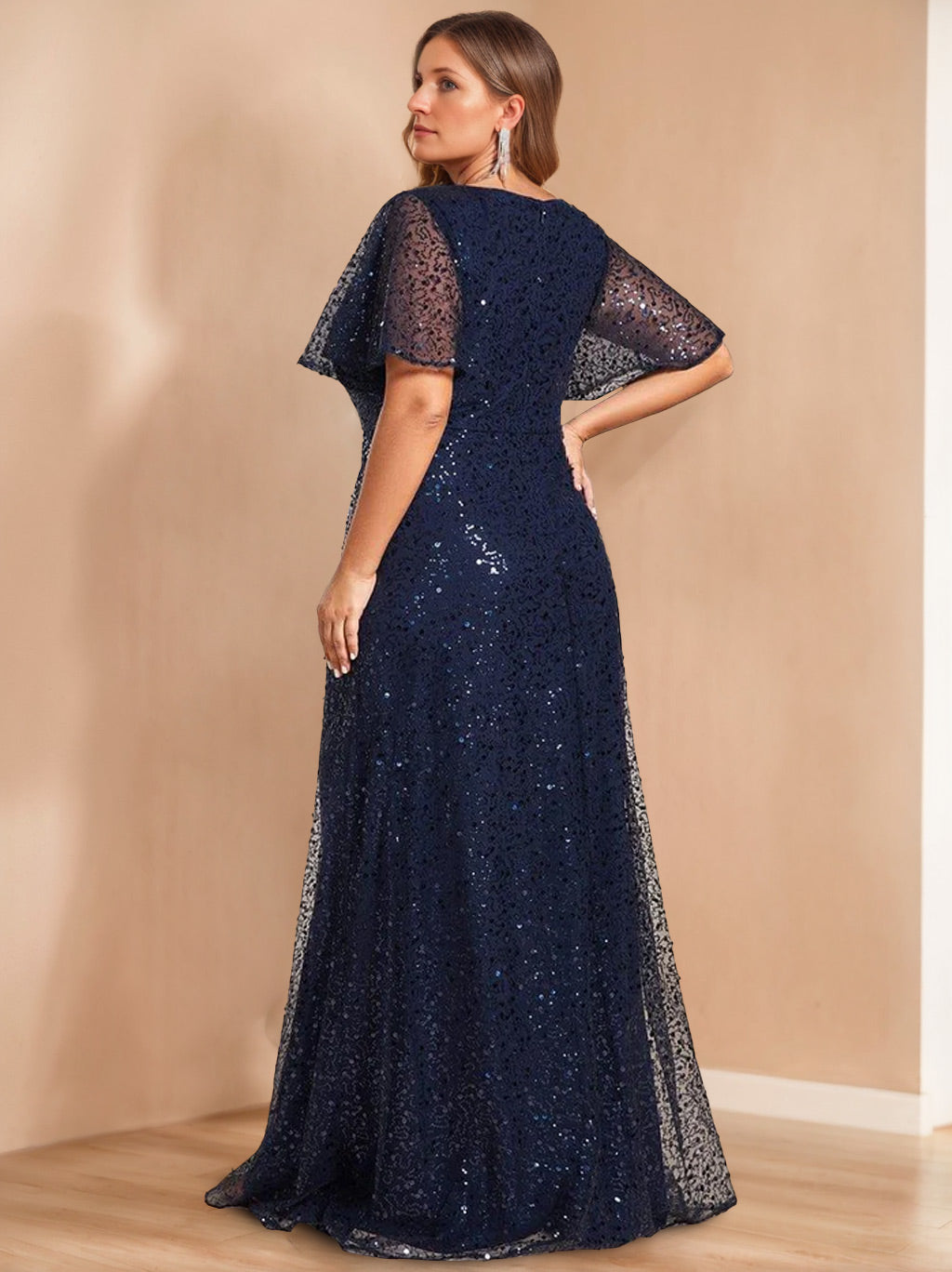 Plus Size V Neck A Line Princess Gown Mother Of The Bride Sequins Short Sleeves