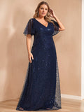 Plus Size V Neck A Line Princess Gown Mother Of The Bride Sequins Short Sleeves